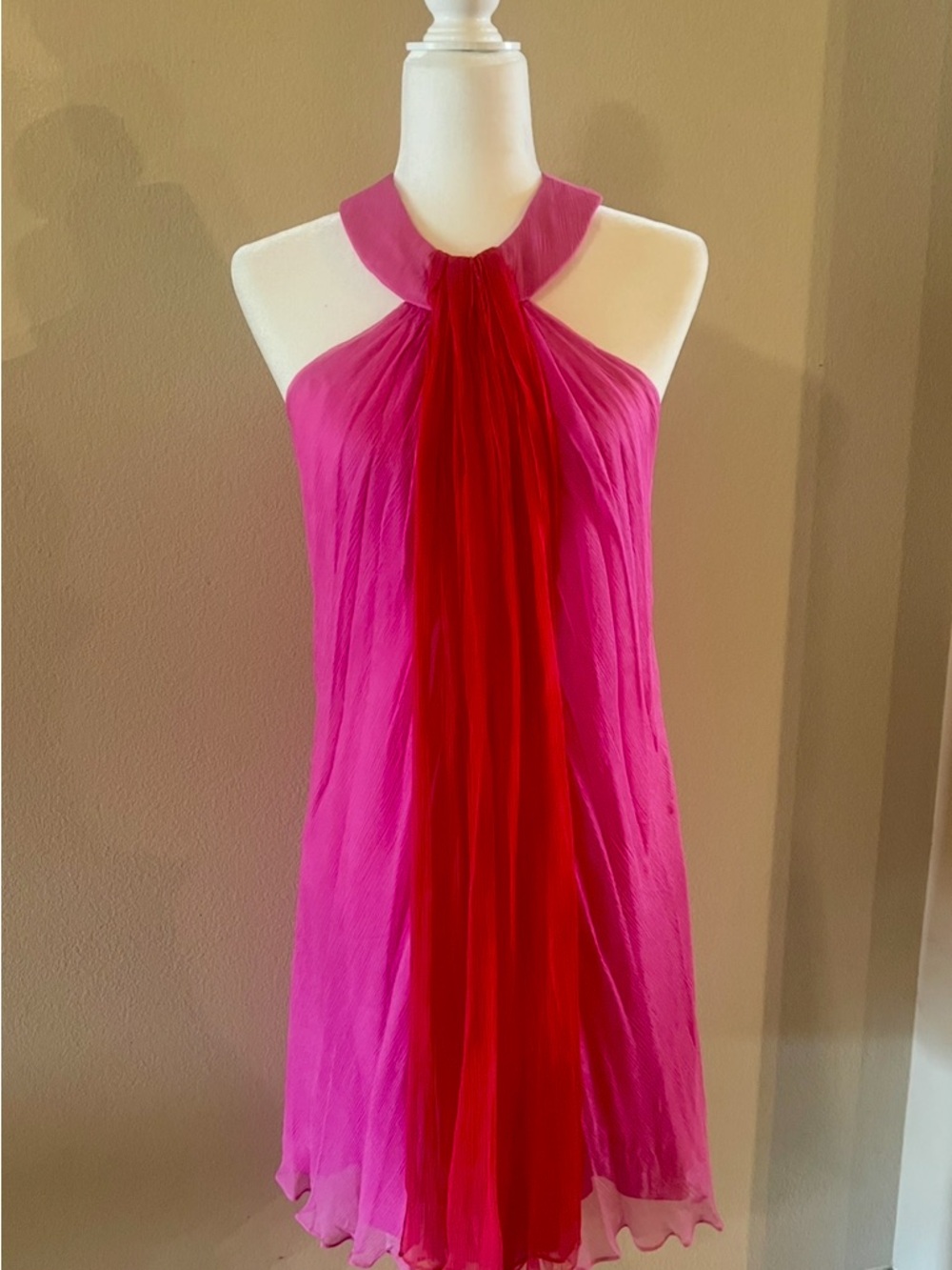 Badgley Mischka Pink & Red Halter Neck Chiffon Dress